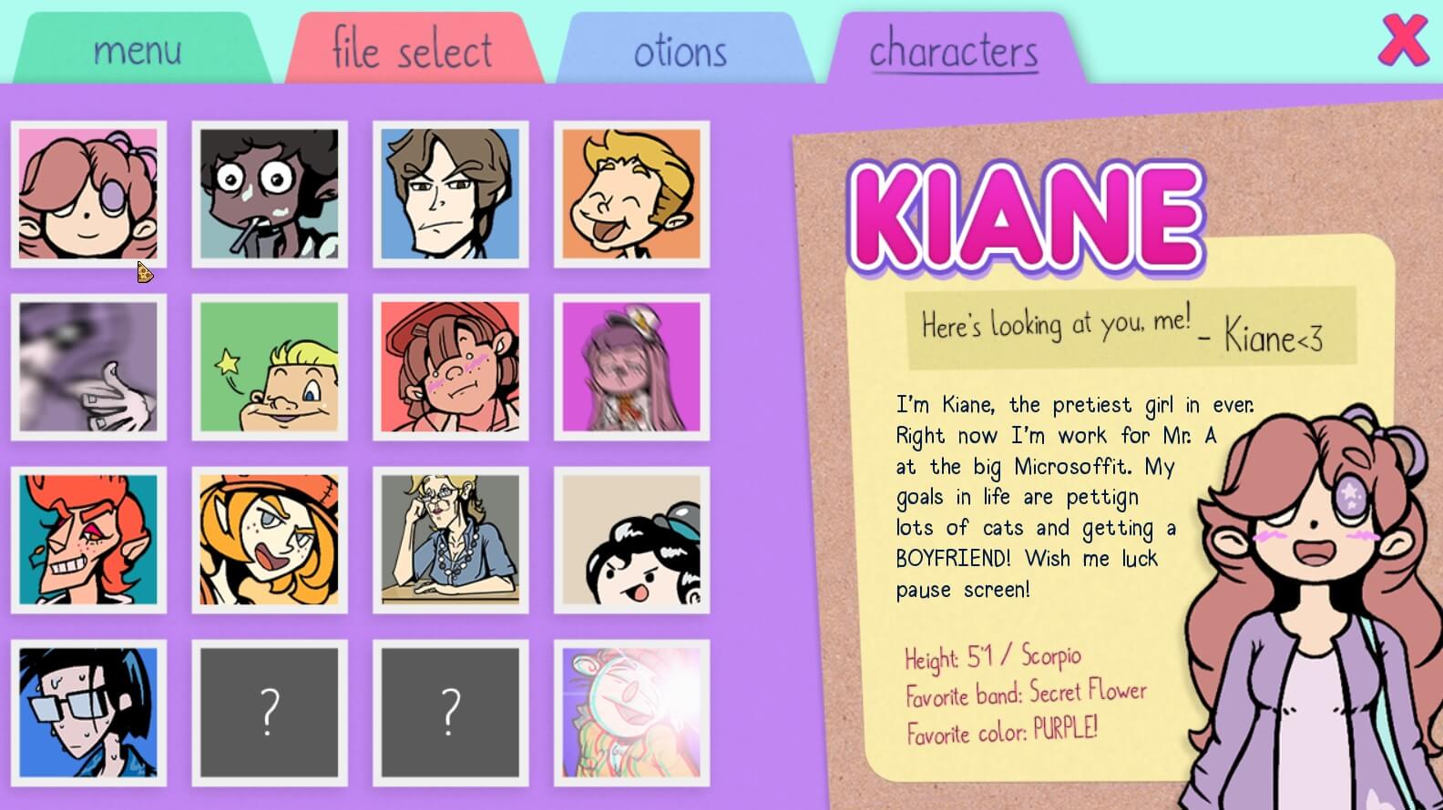 Unlock character profiles in Kiane's scrapbook.