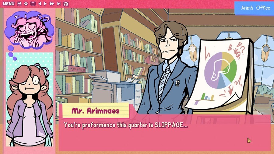 A screenshot of the Pizza Game demo. Mr. Arimnaes tells Kiane 'You're performence this quarter is SLIPPAGE...'