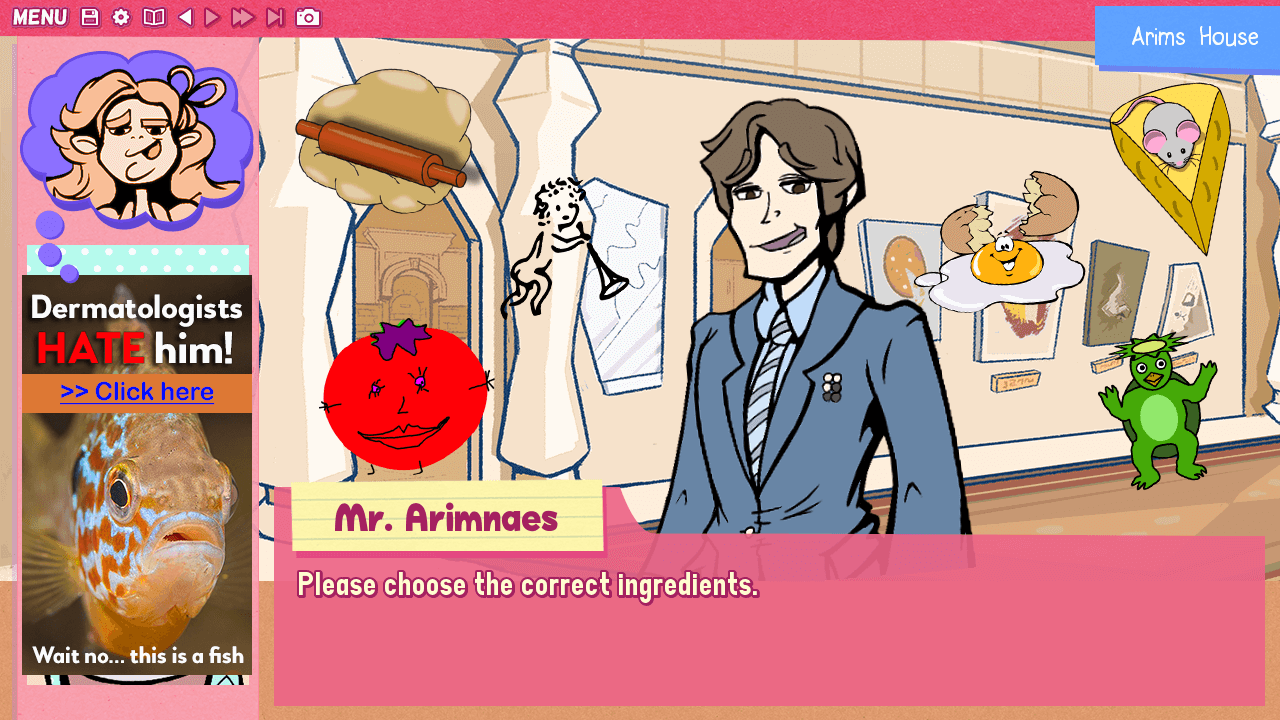 Mr. Arimnaes taunts Kiane with a selection of crappy Pizza ingredients hovering around him.